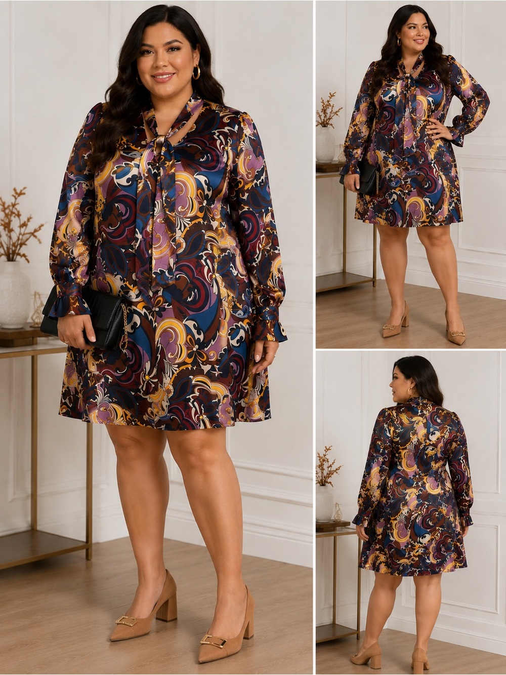 City Chic Women’s Plus Size M 18 Baroque Paisley Tie Neck Mini Dress Long Sleeve
